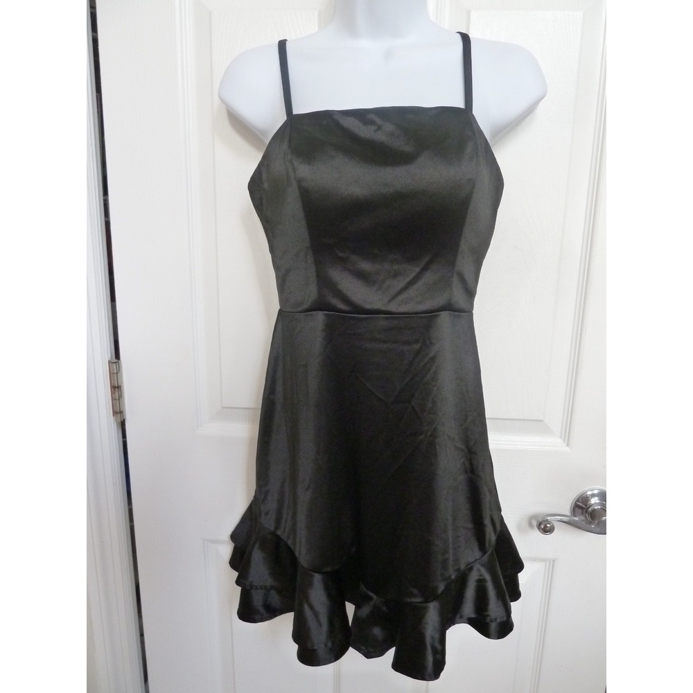 Xtraordinary Black Satin Ruffle Mini Dress Sz 5 Y2K Prom Party Strappy LBD